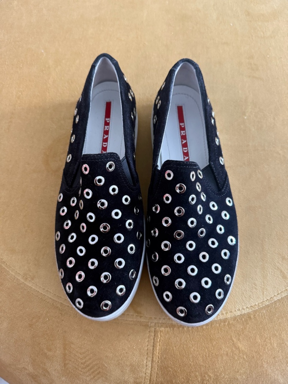 Prada Black Suede Slip-On Sneakers with Silver Eyelets - Picture 2 of 8